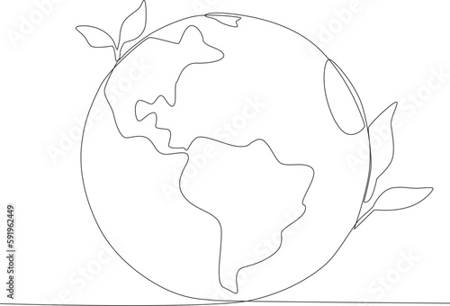 The earth and the trees around it. World environment day one-line drawing