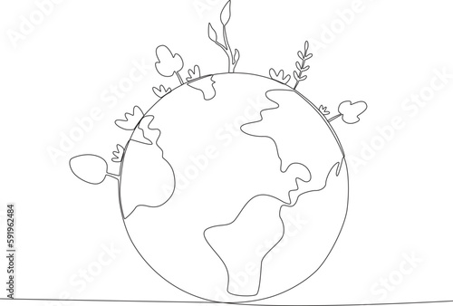 Earth and various trees around it. World environment day one-line drawing