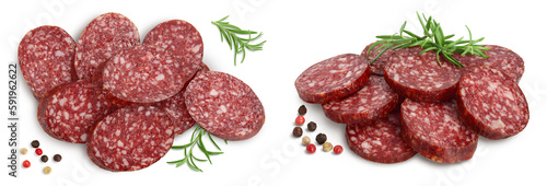 Smoked sausage salami slices isolated on white background with full depth of field. Top view. Flat lay