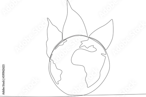 An earth with three leaves behind it. World environment day one-line drawing