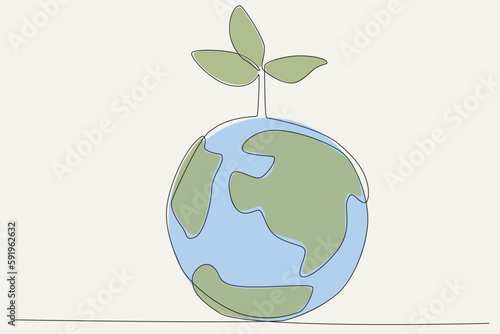 Colored illustration of the earth and a green tree. World environment day one-line drawing