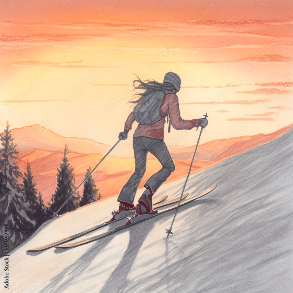 silhouette of a woman descending from a mountain on skis silhouette of a woman descending from a mountain on skis