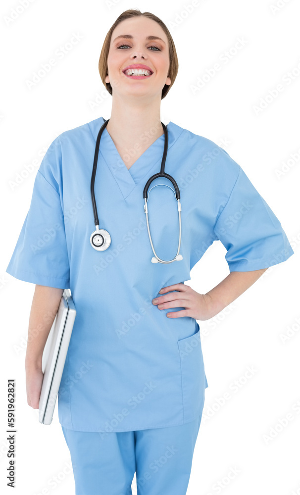 Young female doctor holding a notebook and laughing into the camera Young female doctor holding a notebook and laughing into the camera