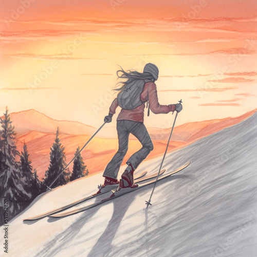silhouette of a woman descending from a mountain on skis