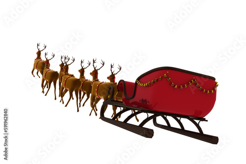 Reindeer pulling empty sleigh with gifts during Christmas photo
