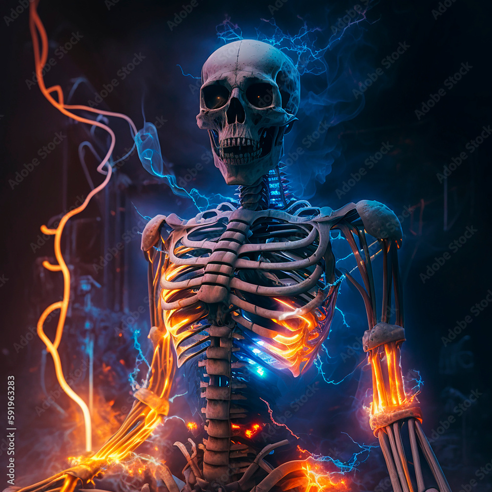human skeleton with lightning and smoke filling
