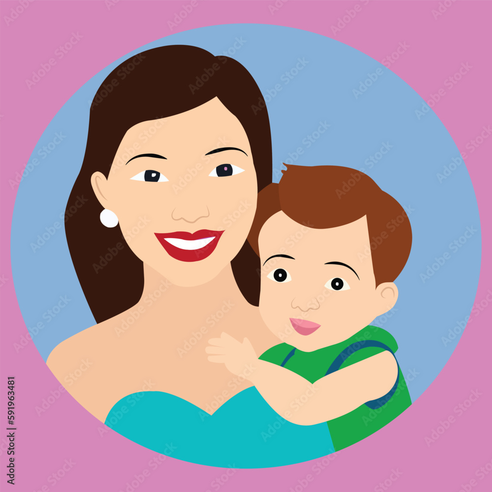 Sweet boy hugging her mother. Happy mothers day vector art work.