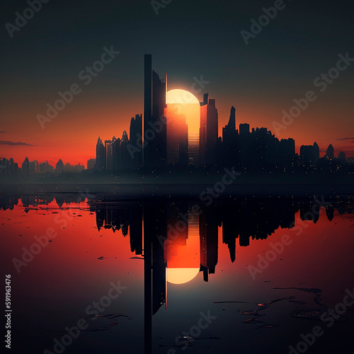 night city with red sunrise and reflection in water