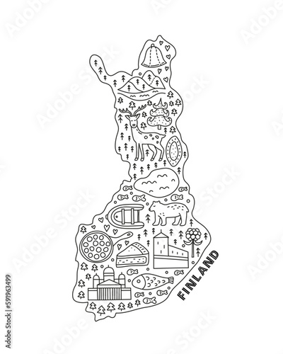 Doodle outline Finland tourist map.