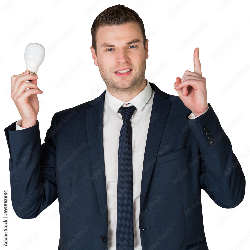 Businessman holding light bulb and pointing Businessman holding light bulb and pointing