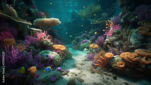 A coral reef with sea creatures that have the ability to change their shape and color, and underwater caves filled with glowing orbs,photorealistic © alhaitham