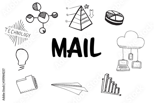 Mail text surrounded by various vector icons photo