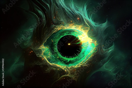 Generative AI illustration of a cosmic being, each eye is a neutron star, his mouth is a black hole, and he gives off a malachite green aura © CravenA