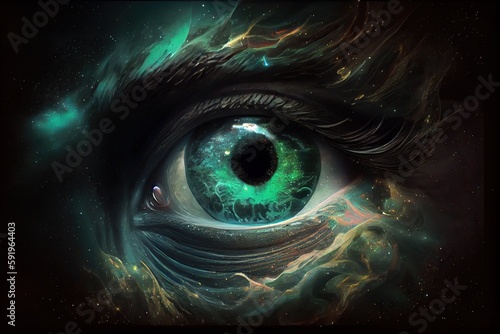 Generative AI illustration of a cosmic being  each eye is a neutron star  his mouth is a black hole  and he gives off a malachite green aura