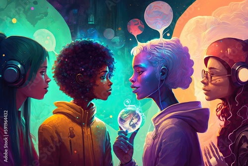Generative AI illustration of a multiverse of speech, a fantasy world where everyone can talk, colorful, diverse avatars interacting with each other, human rights and women's rights