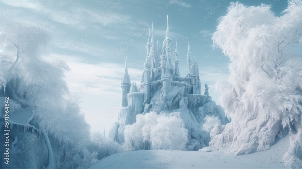 a frozen castle is shown in the middle of a snowy landscape with trees ...