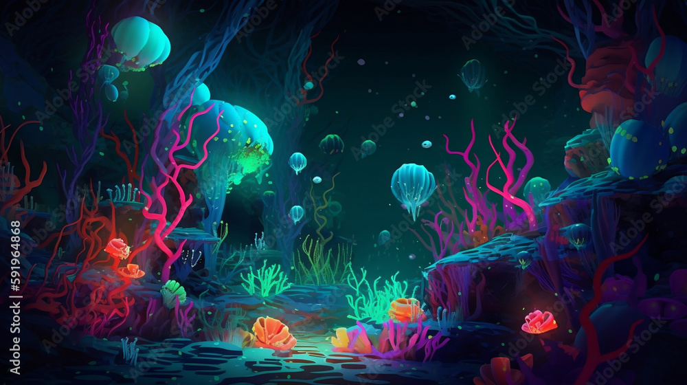 A coral reef with sea creatures that have the ability to change their shape and color, and underwater caves filled with glowing orbs,photorealistic A coral reef with sea creatures that have the ability to change their shape and color, and underwater caves filled with glowing orbs,photorealistic
