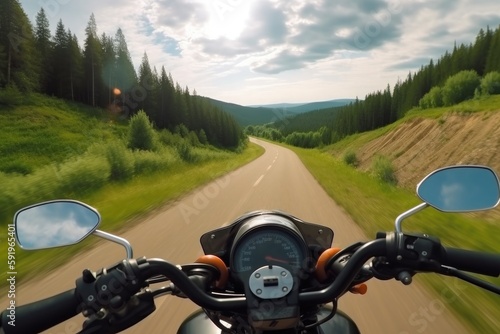 Traveling and riding a motorcycle on the roads of a mountainous area. Generative AI