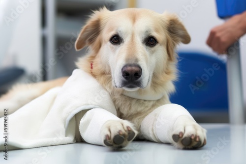 Dog with a bandaged paw at the veterinarian doctor in the clinic. Generative AI