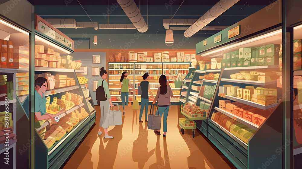 sustainable grocery store, organic products, reusable bags, zero waste shopping, generative AI