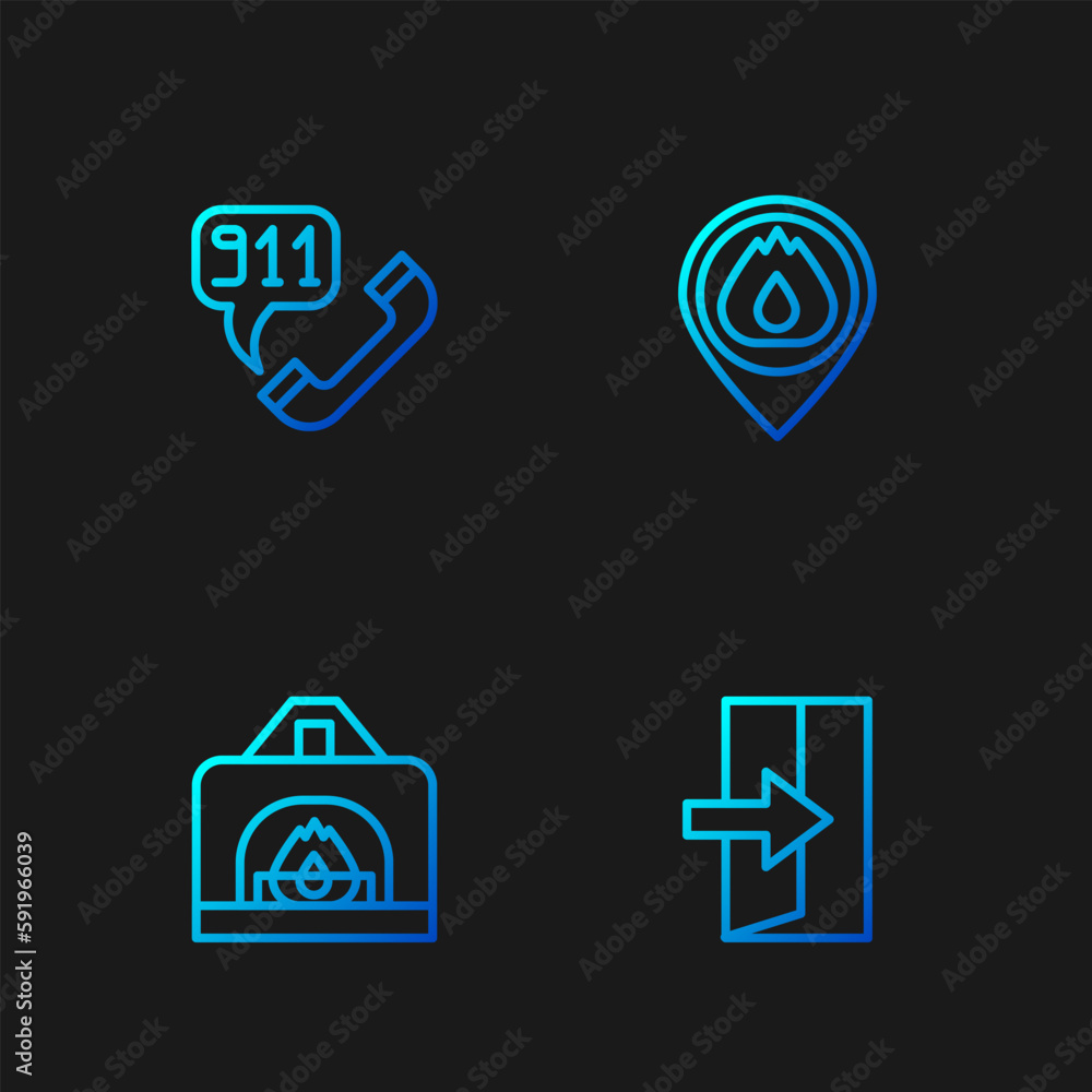 Set line Fire exit, Interior fireplace, Telephone call 911 and Location with flame. Gradient color icons. Vector Set line Fire exit, Interior fireplace, Telephone call 911 and Location with flame. Gradient color icons. Vector