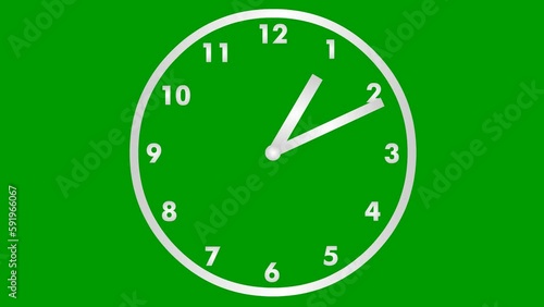 Animated clock. silver watch. Hands of the clock turn quickly. Concept of time, deadline. Looped video. Vector illustration isolated on green background.