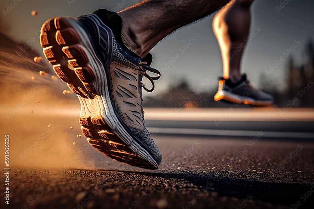 Generative AI illustration of close-up at the runner feet is running on ...
