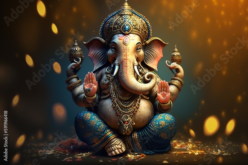 Photo Generative AI illustration of Ganesha Hindu God , with flowers, oil painting tak