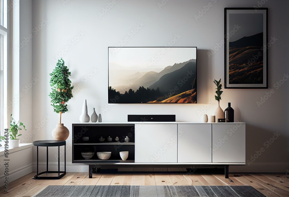 Modern interior with cabinet for tv on white color wall background. Generative AI Modern interior with cabinet for tv on white color wall background. Generative AI