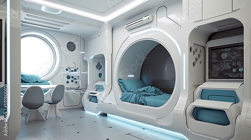 Generative AI illustration of futuristic interior design, design a bedroom for two children, with a bunk bed. © CravenA