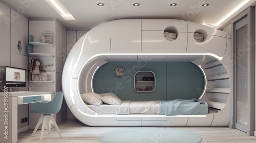 Generative AI illustration of futuristic interior design, design a bedroom for two children, with a bunk bed.