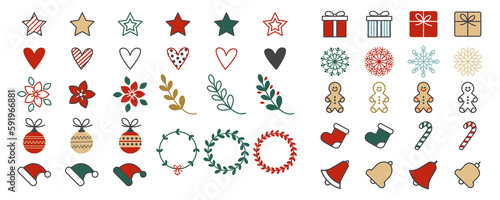 Christmas icon set. Gift, bell, wreath, peppermint, christmas ball, snowflake. Christmas elements