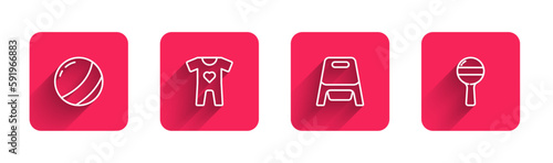 Set line Beach ball, Baby clothes, potty and Rattle baby toy with long shadow. Red square button. Vector