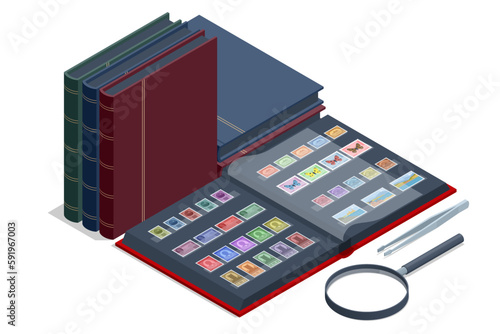 Isometric stamp collecting concept. Old vintage collectible postage stamps albums and magnifying glass. Philately and stamp collection