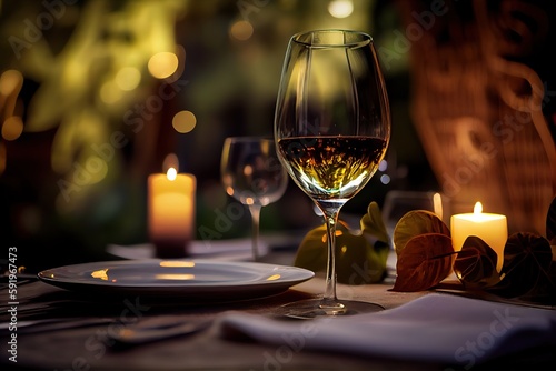 Generative AI illustration of a restaurant table with a glass of white wine  soft golden light  expensive restaurant with beautiful lights  outdoor and night