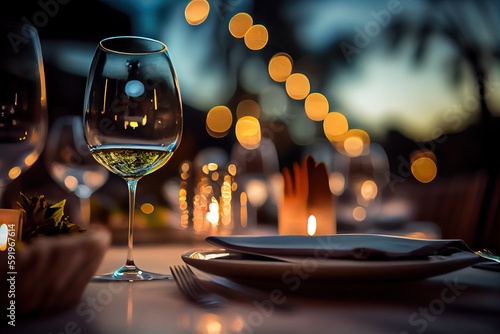 Generative AI illustration of a restaurant table with a glass of white wine, soft golden light, expensive restaurant with beautiful lights, outdoor and night