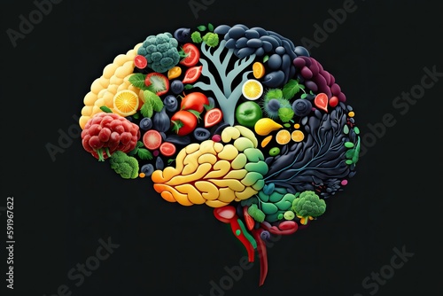 Generative AI illustration of human brain made of fruits and vegetables. Concept of nutritious foods for brain health and memory