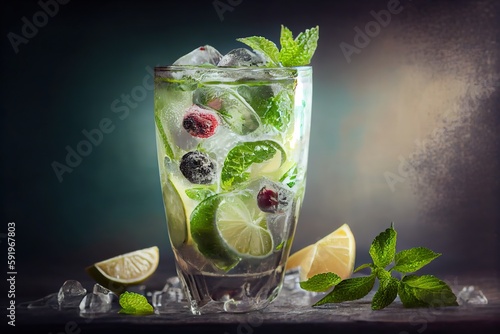 Generative AI illustration of mojito cocktail with ice and mint, perfect for summer