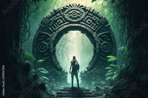 Generative AI illustration of Mayan gate in the forest. An adventurer in a green tropical rainforest discovering a secret passage. Explorer walking through a secret gate photo