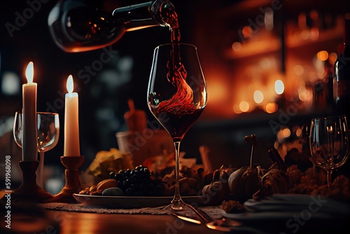 Generative AI illustration of red wine is being poured from bottle into simple wine glass, on a table with incredible food