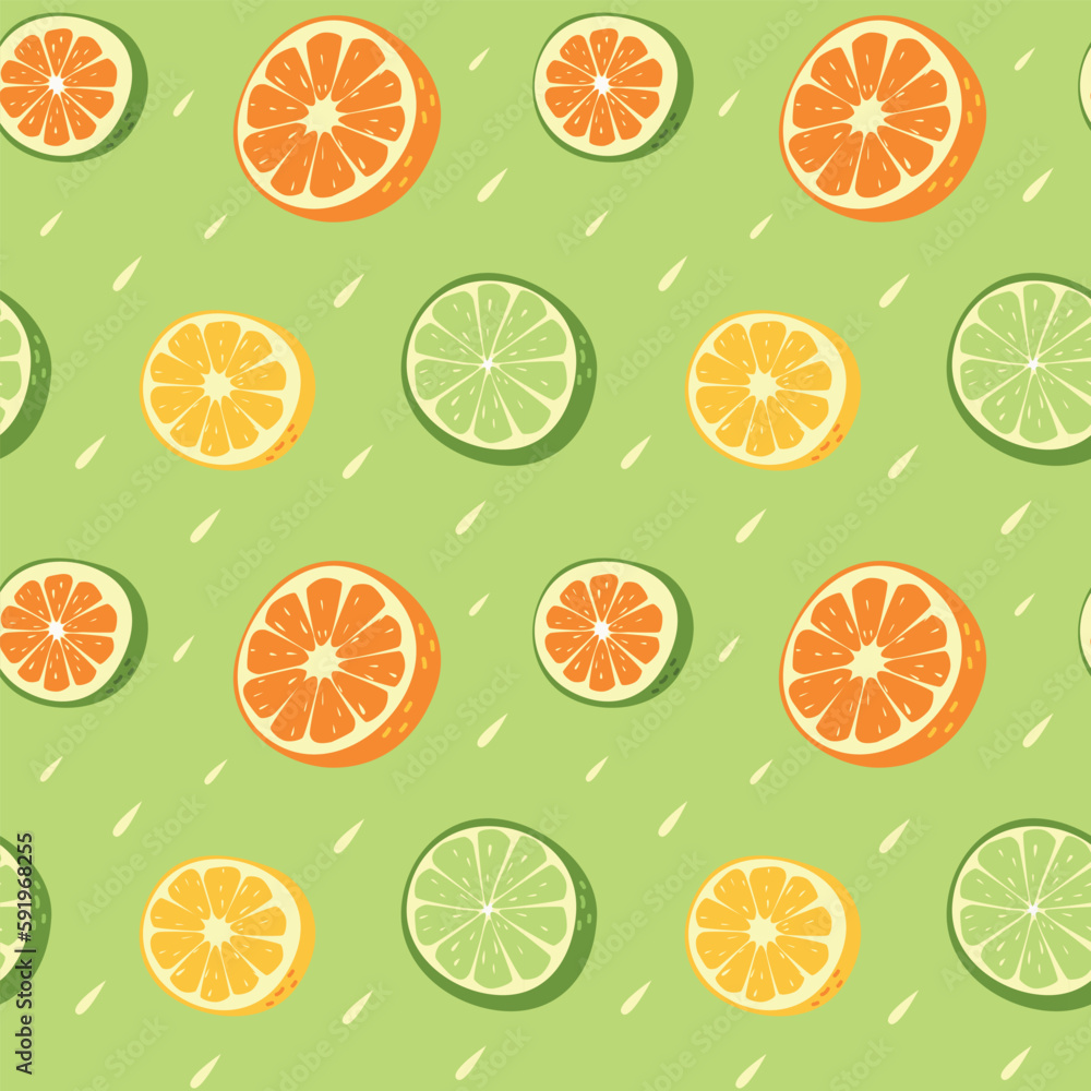 Seamless pattern in the form of a rain of juicy slices of citrus fruits in a hand-drawn style. Vector illustration on a green background for fabrics, wallpaper, decor