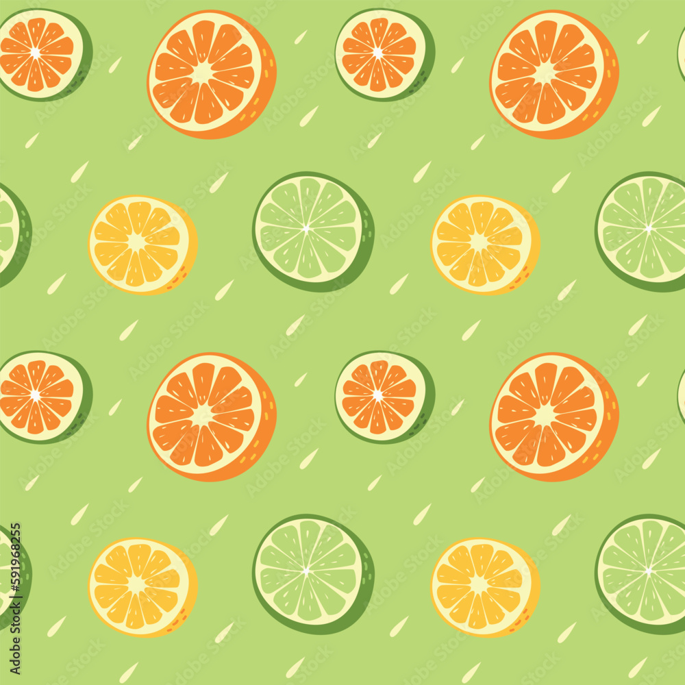 Seamless pattern in the form of a rain of juicy slices of citrus fruits in a hand-drawn style. Vector illustration on a green background for fabrics, wallpaper, decor Seamless pattern in the form of a rain of juicy slices of citrus fruits in a hand-drawn style. Vector illustration on a green background for fabrics, wallpaper, decor
