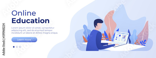 Online education concept. Vector layout for website page. Illustration in flat style with people studying remotely. Students learning online at home. Vector illustration EPS 10