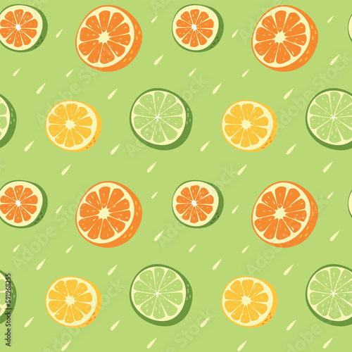 Seamless pattern in the form of a rain of juicy slices of citrus fruits in a hand-drawn style. Vector illustration on a green background for fabrics, wallpaper, decor