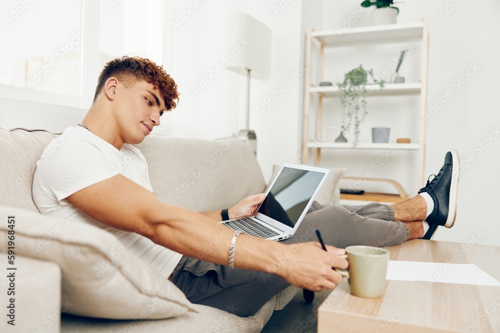 man interior using indoor happy call sitting laptop adult curly technology job laptop man interior using indoor happy call sitting laptop adult curly technology job laptop