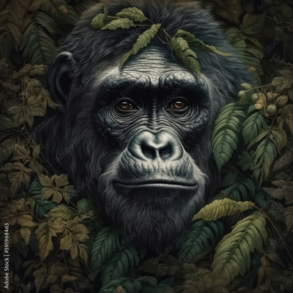 A Gorilla Head Wrapped In Green Leaves On A Background Of Leaves. Generative AI