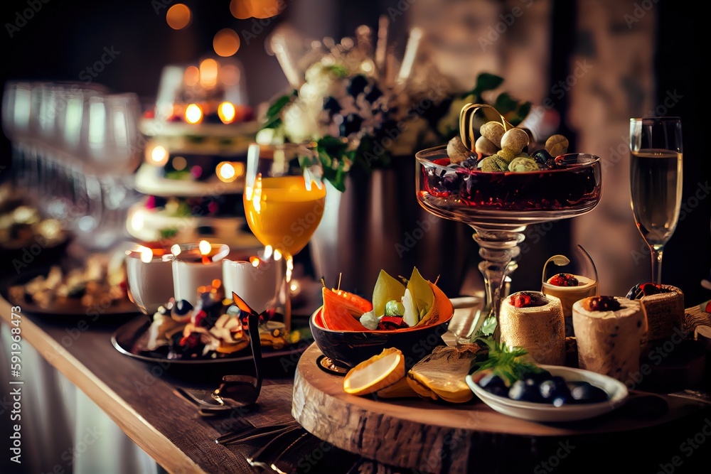 Generative AI illustration of serving table of a variety of delicious festive food and wine prepared for event party or wedding. Selective focus