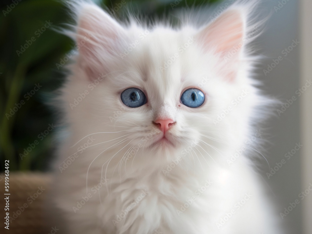 Fototapeta premium White Fluffy Cat with bright blue eyes