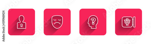 Set line Solution to the problem, Drama theatrical mask, Head with question mark and Psychology, Psi with long shadow. Red square button. Vector