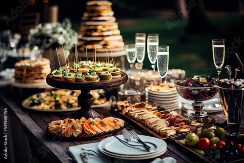 Generative AI illustration of serving table of a variety of delicious festive food and wine prepared for event party or wedding. Selective focus
